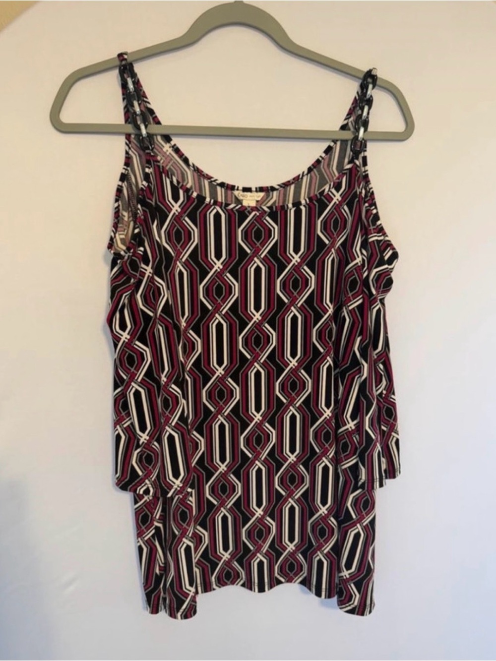 Cato Black White and Burgundy Geometric Spaghetti-Strap Tank with Chain Detail